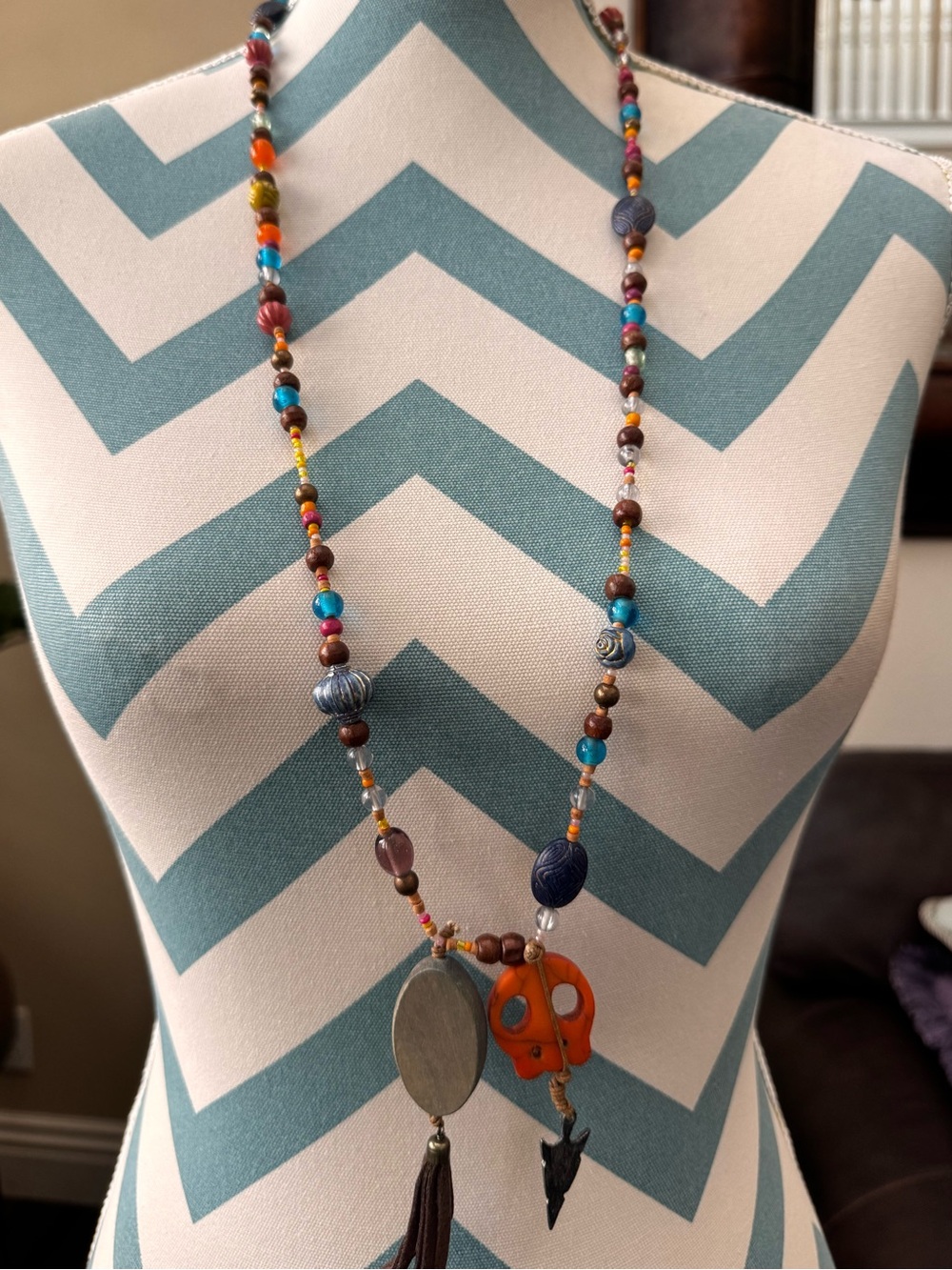 Source Unknown Orange Pendant Boho Bead Necklace with Blue Accents